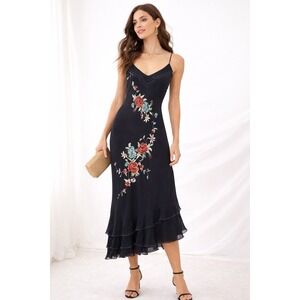 VTG Y2K Mixit Silk Dress Fairy Whimisgoth‎ Spaghetti Event Embroidered Floral 6